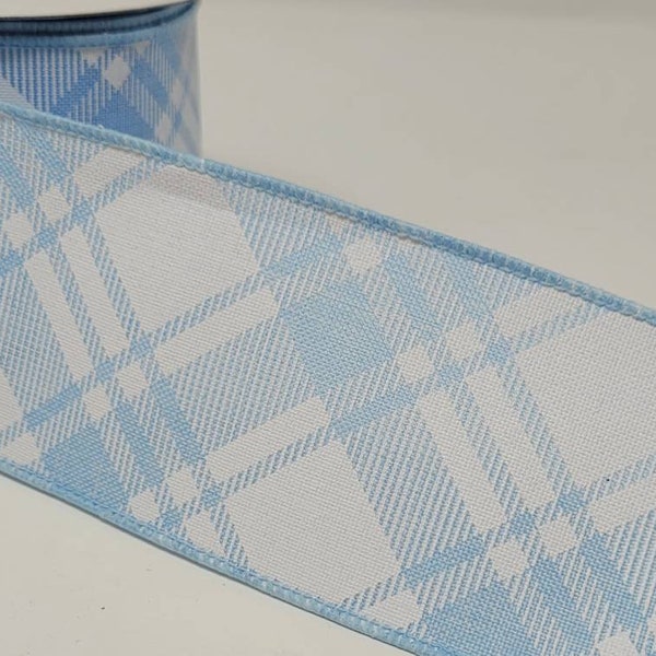 FREE SHIPPING - 10 Yards - 2.5" Wired Light Blue and White Cross Check Ribbon - Baby Boy Ribbon - UNC Inspired Ribbon