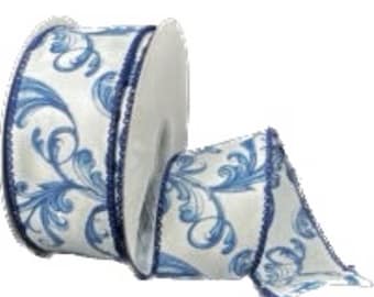 Wired White Glass Satin Chinoiserie Swirls Ribbon-10 Yards x 1.5”