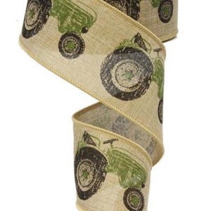 FREE SHIPPING - 10 Yards - 2.5&quot; Wired Natural Green and Black Tractor Ribbon - John Deere Inspired Ribbon