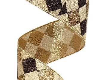 FREE SHIPPING - 10 Yards - 1.5” Wired Gold and Black Metallic Harlequin Ribbon with  Glitter