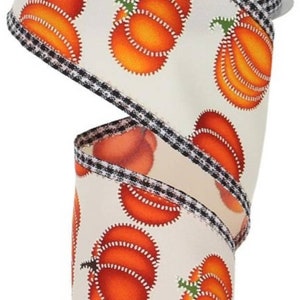 FREE SHIPPING - 10 Yards - 2.5&quot; Wired Dotted Line Fall Pumpkin  Ribbon with Black and White Check Edge Border - Fall Ribbon