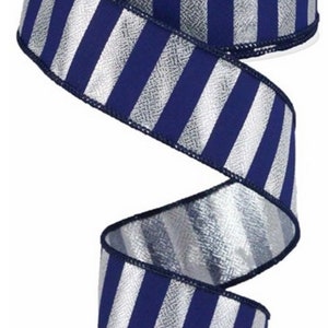 FREE SHIPPING- 10 Yards - 1.5&quot; Wired Navy Blue and Silver Metallic  Stripe Ribbon