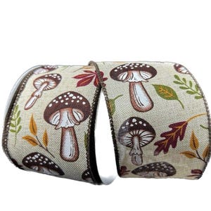 Wired Natural Linen Earthy Fall  Mushrooms Ribbon- 2.5”x10 Yards