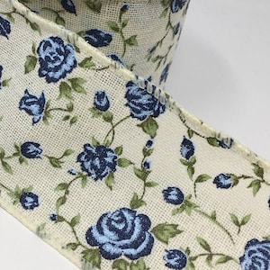 FREE SHIPPING - 2.5" Wired Cream Canvas with Blue Roses Ribbon - Floral Ribbon - Vintage Inspired Ribbon - 10Yards