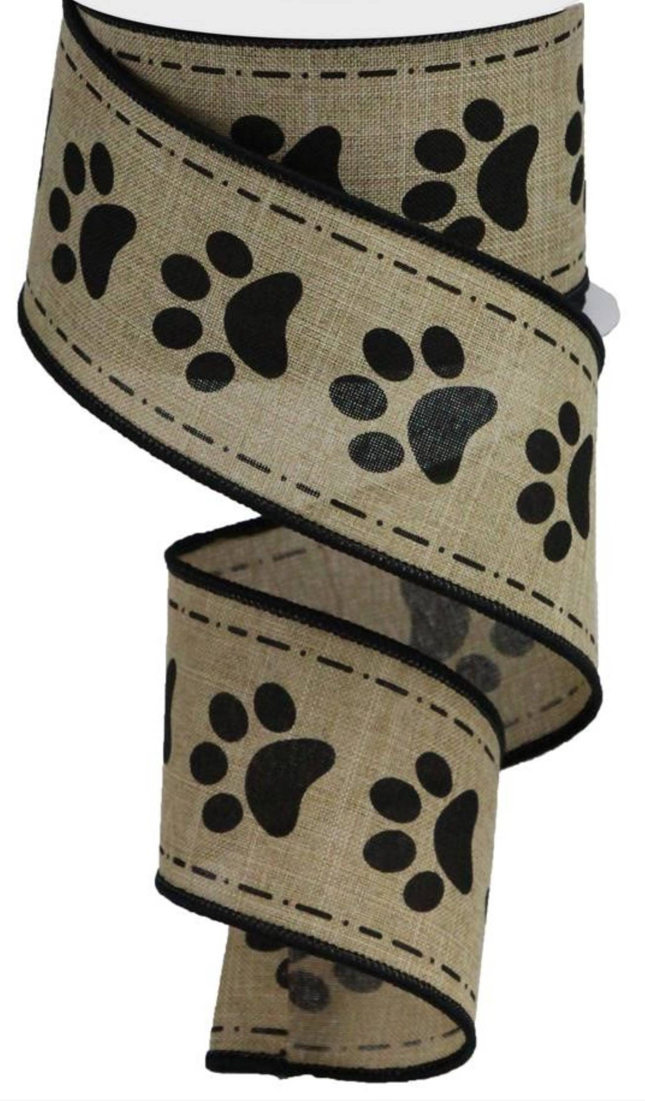 FREE SHIPPING - 10 Yards - 2.5 Wired Natural and Black Paw Print Ribbon -  Dog Ribbon