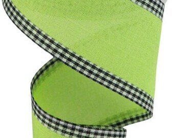 FREE SHIPPING - 10 Yards - 2.5" Wired Lime Green Ribbon with Black and White Check Edge - Everyday Ribbon - Spring Ribbon