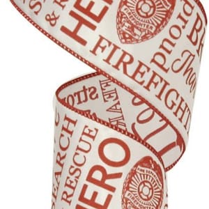 FREE SHIPPING - 10 Yards - 2.5" Wired Red and White Fireman Support Ribbon - Fireman Ribbon - Red Line Ribbon - Fire Department Support