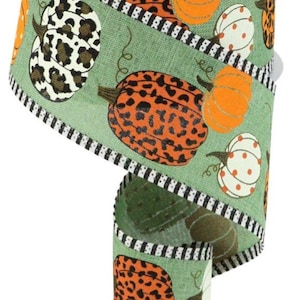 FREE SHIPPING - 10 Yards - 2.5&quot; Wired Clover Green Background Cheetah Fall Pumpkin Ribbon - Fall Ribbon