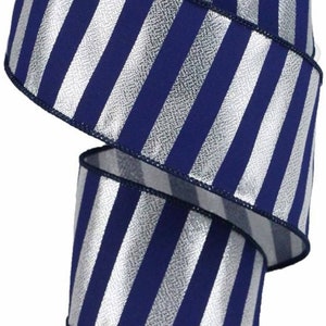 FREE SHIPPING - 10 Yards - 2.5&quot; Wired Gray Metallic and Navy Blue Stripe Ribbon - Dallas Cowboys Inspired Ribbon