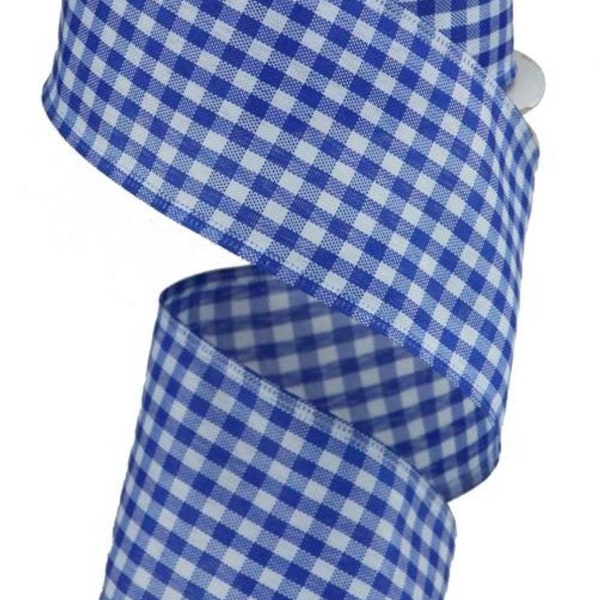 FREE SHIPPING - 10 Yards - 2.5" Wired Royal Blue and White Gingham Check Ribbon