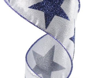 Wired Gray Metallic with Blue Glitter Star Ribbon Dallas Cowboys Inspired Ribbon- 2.5”x 10 Yards