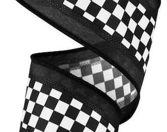 FREE SHIPPING - 10 Yards - 2.5" Wired Black and White Mini Check Ribbon - Fall Ribbon - Racing Ribbon - Everyday Ribbon