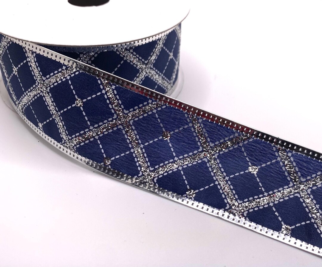 FREE SHIPPING 10 Yards 1.5 Wired Navy Blue With Silver Diagonal Lines ...