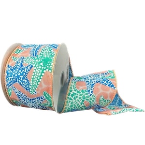 FREE SHIPPING - 10 Yards - 2.5&quot; Wired Coral Water Satin with Teal and Blue Starfish Ribbon - Beach Ribbon