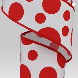 Free Shipping - 10 Yards - 2.5” Wired White and Red Giant Multi Dot Ribbon