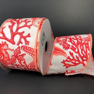 FREE SHIPPING - 10 Yards - 2.5&quot; Wired Seahorse Starfish Coral Ribbon - Beach Ribbon