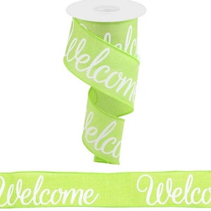 FREE SHIPPING - 10 Yards - 2.5" Wired Lime Green and White Welcome Ribbon - Spring Ribbon - Summer Ribbon