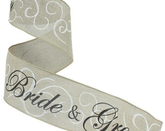 10 Yards - 4" Wired Natural Background Bride and Groom Wedding Ribbon
