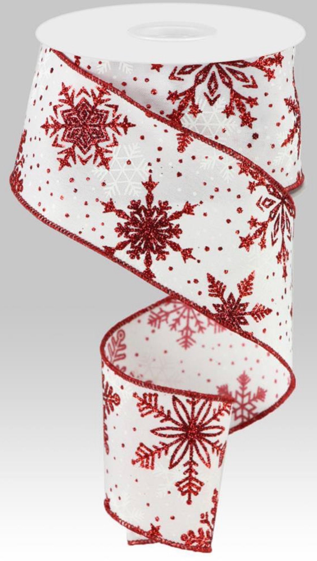 FREE SHIPPING - 10 Yards - 2.5 Wired Red Winter Snowflake Ribbon with  Glitter Accent - Winter Ribbon - Christmas Ribbon