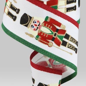 FREE SHIPPING - 10 Yards - 2.5" Wired Nutcracker Ribbon on White Background with Gold Glitter Accent and Red and Green Edging