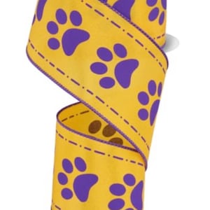 FREE SHIPPING - 10 Yards - 2.5" Wired Yellow and Purple Paw Print Ribbon -  LSU Inspired Ribbon