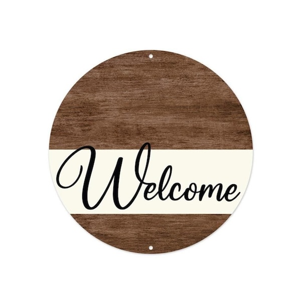 8" Round Metal Welcome Sign with Faux Wood Grain Accent - Everyday Wreath Sign