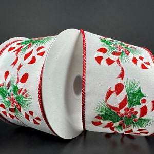 FREE SHIPPING - 10 Yards - 2.5" Red and White Glitter Candy Cane Holly Christmas Ribbon