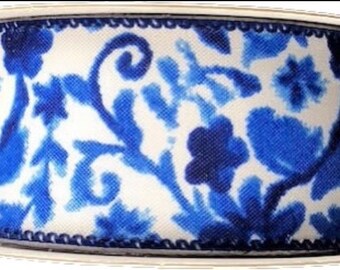 Wired White Background Blue Floral Ribbon- 1.5”x10 Yards
