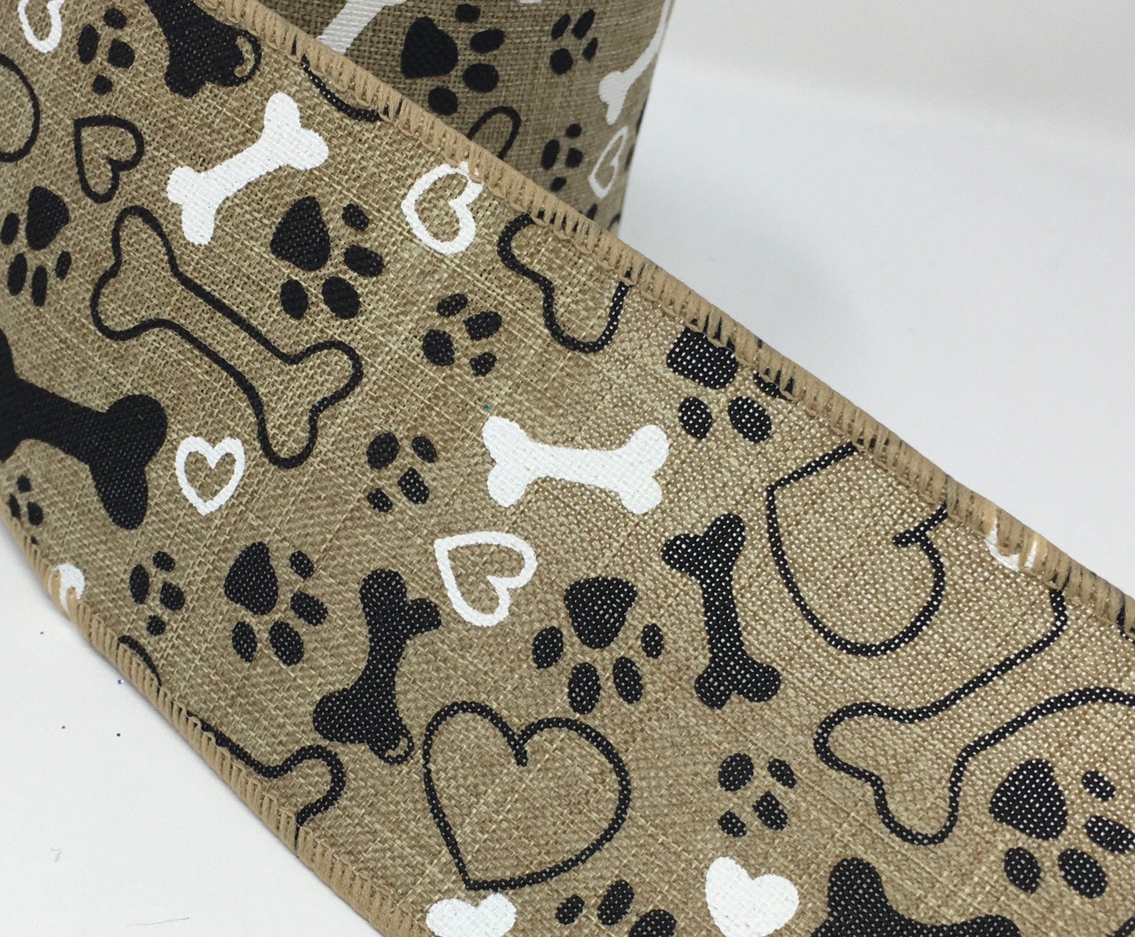 Wired Ribbon * Dog Paw Prints and Bones * Grey and White * 2.5 x