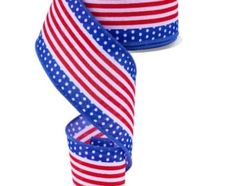 FREE SHIPPING - 10 Yards - 2.5" Wired White and Red Stripe Polka Dot Edge Ribbon - Patriotic Ribbon