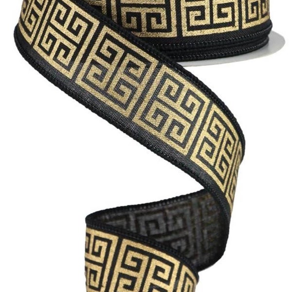 FREE SHIPPING - 10 Yards - 1.5" Wired Black and Gold Metallic Greek Keys Ribbon