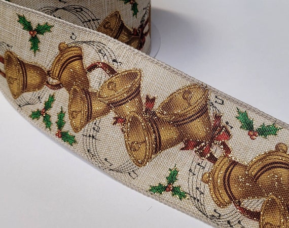 4 Inch By 5 YDS Natural Burlap Ribbon With Gold Holly Embroidery