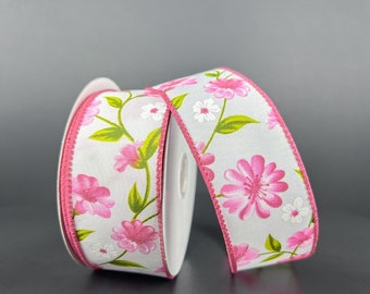 FREE SHIPPING - 10 Yards - 1.5" Wired White Background Pink Floral Ribbon