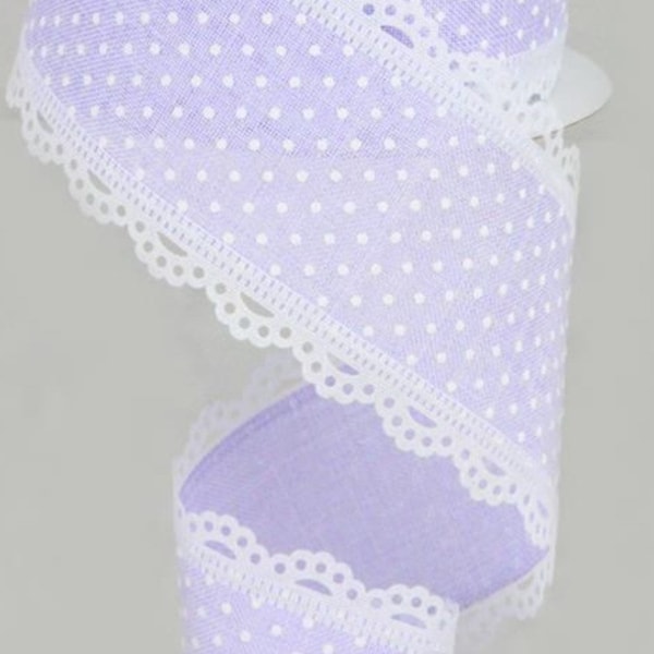 FREE SHIPPING - 10 Yards - 2.5" Wired Royal Light Lavender and White Swiss Dot Ribbon with White Lace Detail