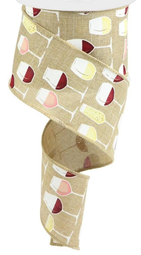 10 Yards - 2.5" Wired Natural Background Wine Ribbon - Everyday Ribbon