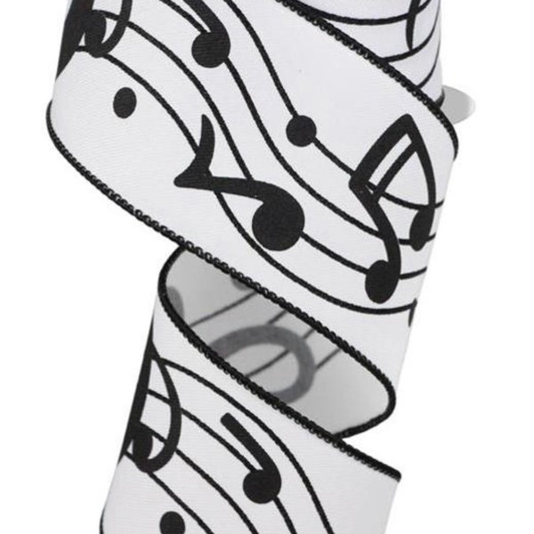 FREE SHIPPING - 10 Yards - 2.5" Wired Black and White Treble Clef Musical Note Ribbon