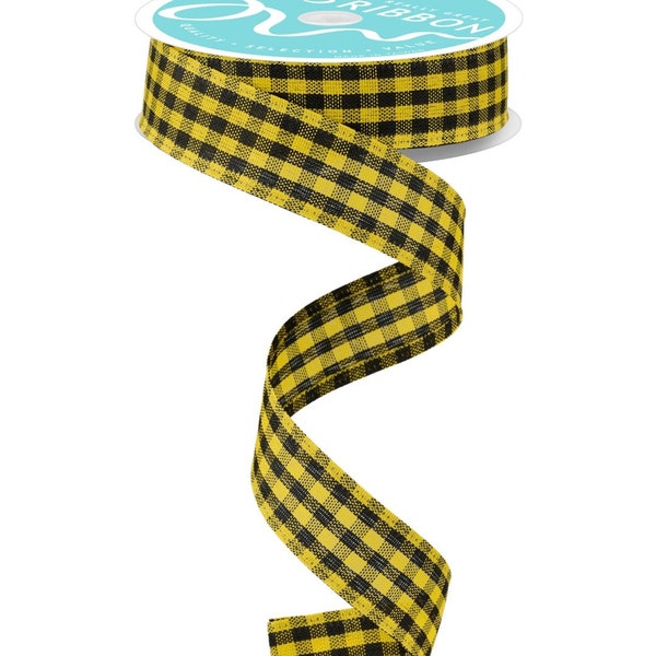 FREE SHIPPING - 10 Yards - 7/8" Wired Black and Yellow Gingham Check Ribbon