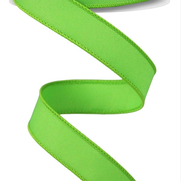 FREE SHIPPING - 10 Yards - 7/8" Wired Solid Lime Green Ribbon