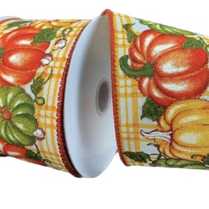 FREE SHIPPING - 10 Yards - 2.5&quot; Wired Orange and Green Fall Check Pumpkin Ribbon with Glitter Accent