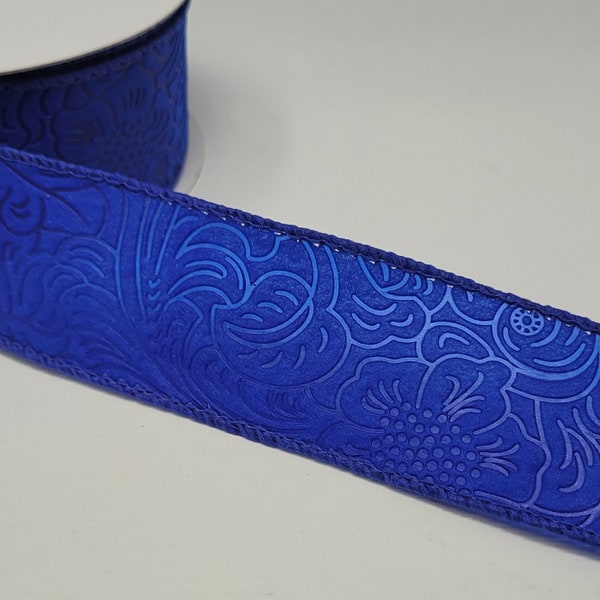 FREE SHIPPING - 10 Yards - 1.5" Wired Royal Blue Floral Embossed Ribbon