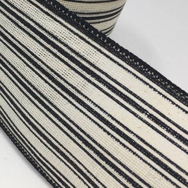 FREE SHIPPING - 10 Yards - 2.5" Wired Cream and Black Ticking Stripes Linen Ribbon