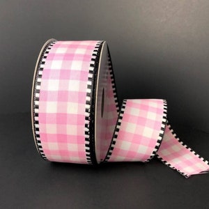 FREE SHIPPING - 10 Yards - 1.5" Wired Pink and White Check Ribbon with Black and White Stripe Edge