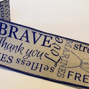 FREE SHIPPING - 10 Yards - 2.5" Wired US Marine Corp Ribbon on Navy Blue and Natural - The Few The Proud - Semper Fi Ribbon - Marine Ribbon