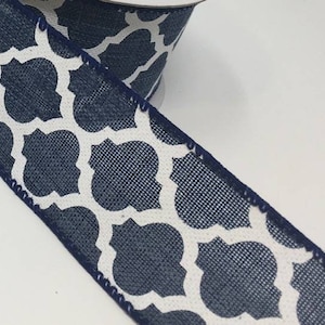 FREE SHIPPING - 10 Yards - 1.5" Wired Navy and White Lattice Pattern Ribbon - Everyday Ribbon - Quality Bow Ribbon - Decorative Ribbon