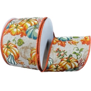 Wired Fall Pumpkins and  Gourds on Natural Poly Linen Ribbon- 2.5”x10 Yards