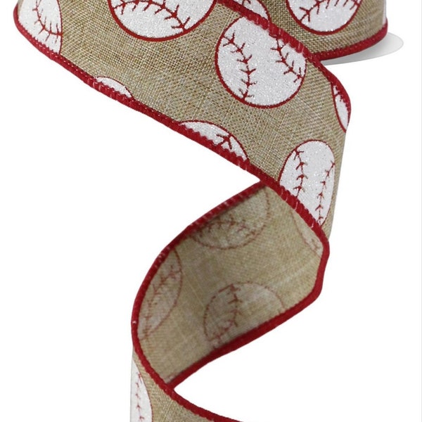 FREE SHIPPING - 10 Yards - 1.5" Wired Natural Background Baseball Ribbon with Glitter Accent