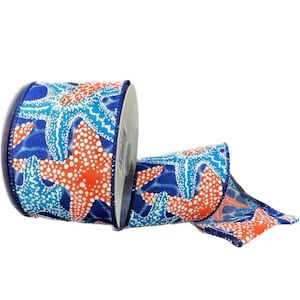 FREE SHIPPING - 10 Yards - 2.5&quot; Wired Dark Blue Water Satin with Coral and Blue Starfish Ribbon - Beach Ribbon