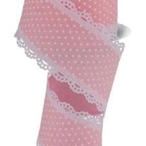 May include: A spool of pink ribbon with white polka dots and white lace trim. The ribbon is partially unrolled, revealing the pattern and texture. The spool has a light blue top with the text "SUPER RIBBON".