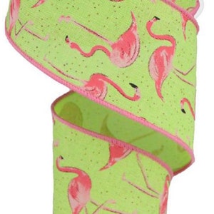 FREE SHIPPING - 10 Yards - 2.5&quot; Wired Lime Green Ribbon with Pink Flamingos and Glitter Accent