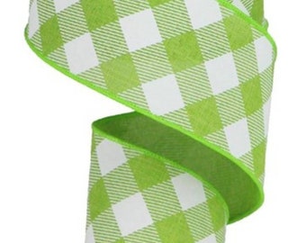 FREE SHIPPING - 10 Yards - 2.5" Wired Lime Green and White Diagonal Check Ribbon - Quality Ribbon - Easter Ribbon - Summer Ribbon